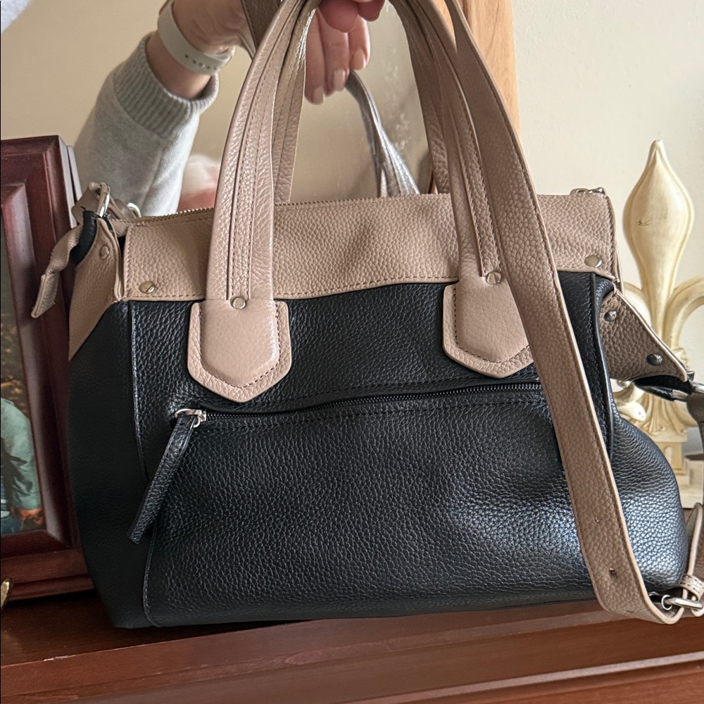 Perlina Black and Taupe Two-Tone Leather Satchel - Picture 3 of 6
